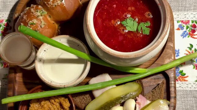 Close-up red borscht in pot, scallion garnish, lard slices and garlic buns on wooden tray, ceramic bowl of sour cream, shot glass