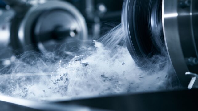 Medium shot of industrial jet mill finely grinding graphite flakes into ultrafine powder in controlled environment for batterygrade applications.