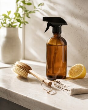 Produits de nettoyage naturels avec flacon ambr&eacute; citron brosse et linge en lin