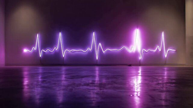 Purple neon electrocardiogram pulsing in a dark reflective studio with soft ambient lighting