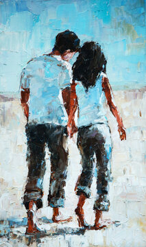 Fine art oil on canvas illustration of young lovers strolling on the coast shore, man and woman in summer outfits walking together by the sea.