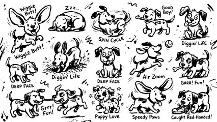 Obraz premium Black and White Puppy Doodle Sheet with Chalk and Crayon Scribble Sketches
