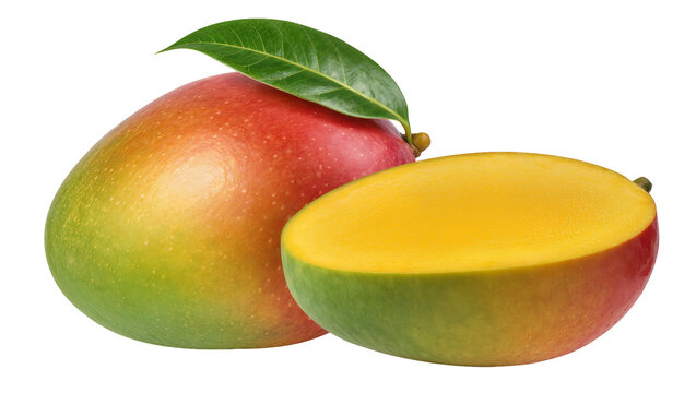 Ripe mango fruit with green leaf and half cut mango showing yellow flesh