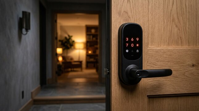 Sleek matte black smart door lock installed on a light oak door brightly displays glowing red numbers on its digital touch keypad panel.
