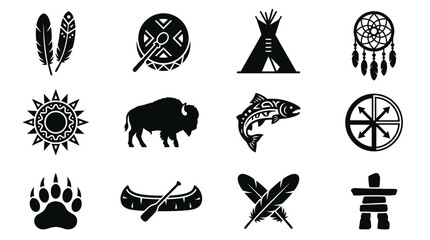 Black and white tribal symbols grid featuring feathers teepee dreamcatcher sun bison fish canoe paw print and inukshuk minimalist cultural icons design © Somiran