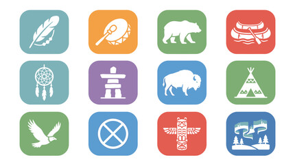 Colorful grid of indigenous symbols including feather drum bear canoe dreamcatcher totem bison teepee eagle and landscape icons © Somiran