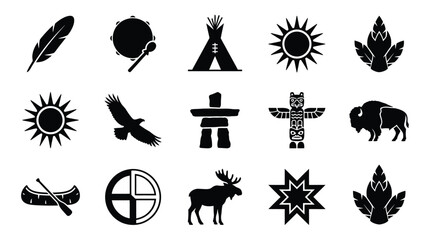 Collection of indigenous symbols featuring totem pole eagle bison canoe and medicine wheel in bold black design © Somiran