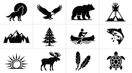 Aboriginal day icons set with nature symbols and wildlife including wolf eagle bear and more © Somiran