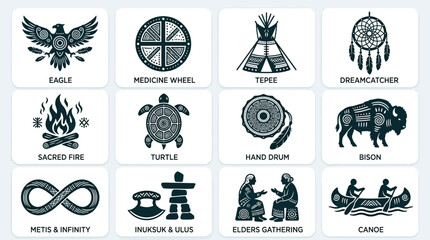 Aboriginal day icons set including eagle medicine wheel tepee dreamcatcher sacred fire turtle hand drum bison metis infinity inuksuk elders gathering and canoe © Somiran