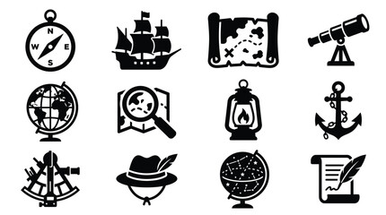 Exploration and navigation icons featuring compass ship map telescope globe lantern anchor sextant hat constellation and scroll © Somiran