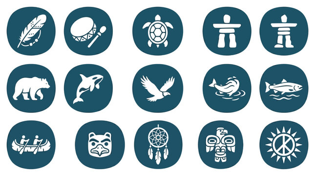 Indigenous symbols arranged in grid layout featuring feather drum turtle totem pole bear orca eagle salmon canoe mask dreamcatcher and sun symbol minimalistic cultural heritage