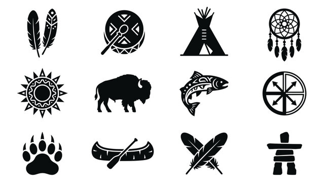 Black and white tribal symbols grid featuring feathers teepee dreamcatcher sun bison fish canoe paw print and inukshuk minimalist cultural icons design