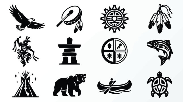 Native american cultural icons and symbols in black on white background