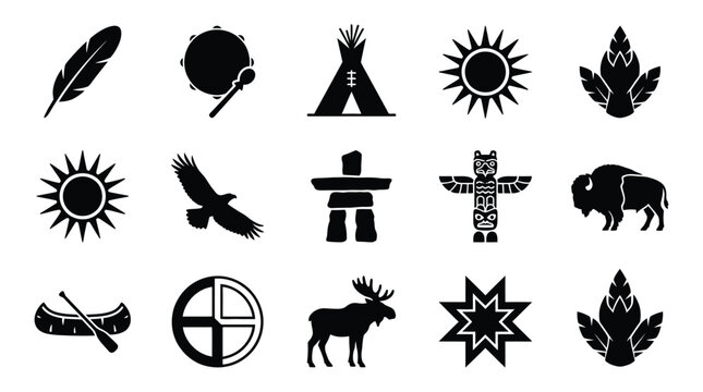 Collection of indigenous symbols featuring totem pole eagle bison canoe and medicine wheel in bold black design