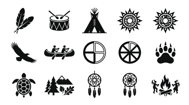 Aboriginal symbols and icons in a grid layout featuring feathers drums teepees sun symbols eagles canoes medicine wheels paw prints turtles trees dreamcatchers and campfires