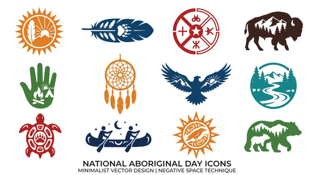 Colorful indigenous symbols in minimalist design with negative space technique for national aboriginal day celebration
