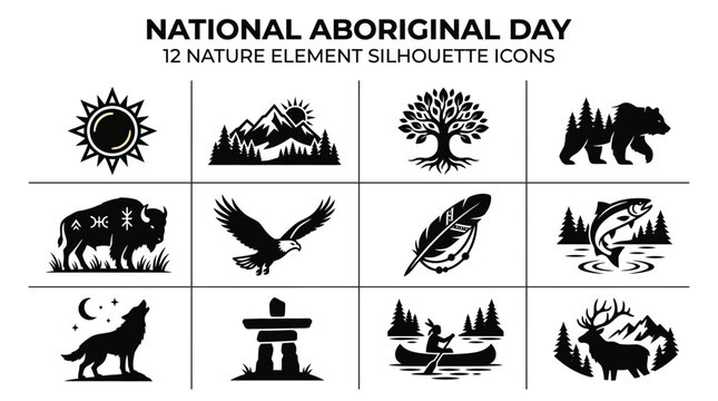 National aboriginal day nature icons set 12 silhouette elements