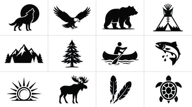 Aboriginal day icons set with nature symbols and wildlife including wolf eagle bear and more