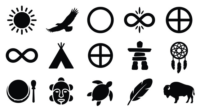 Aboriginal day silhouette icons set native american symbols cultural graphic resources