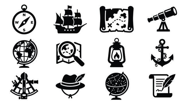 Exploration and navigation icons featuring compass ship map telescope globe lantern anchor sextant hat constellation and scroll