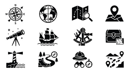 Discovery day icons set including compass globe map and treasure chest for adventure and exploration themes © Somiran