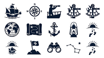 Exploration and navigation icons featuring silhouettes of ships compasses maps anchors and telescopes in a grid layout © Somiran