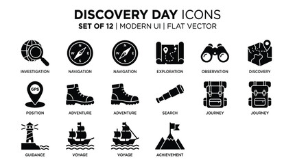 Set of 12 flat vector icons illustrating discovery exploration journey and adventure themes in modern ui style including symbols for navigation investigation observation © Somiran