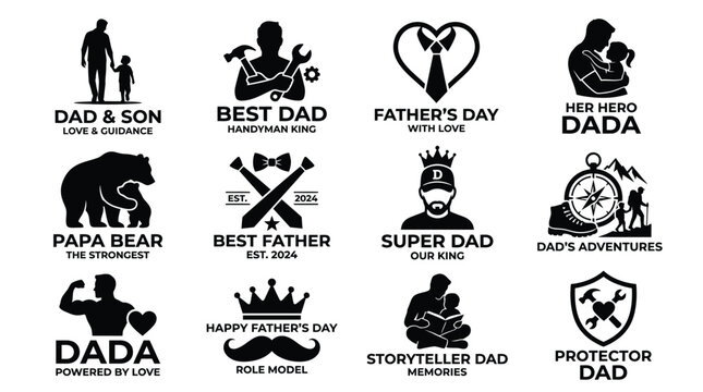 Father's day silhouette logos and icons grid for greeting cards and social media posts