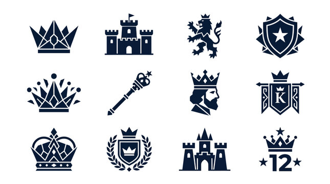 Royalty themed geometric icons featuring crowns castles shields and regal symbols in a bold blue and white design