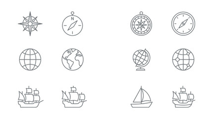Minimalist navigation icons set including compasses globes and ships for travel and exploration themes © Somiran