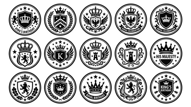 Royalty themed circular badges with crowns shields and regal symbols celebrating a king's birthday in a grid layout