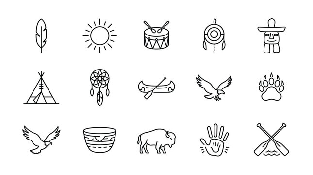 Set of minimalist native american symbols including feather sun drum totem dreamcatcher teepee canoe and animals vector icons