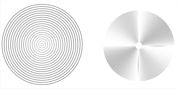 Black concentric circle set. Sonar or sound wave ring collection. Dotted and linear epicentre, target, radar icon concept. Ripple radial signal or vibration elements. Vector line and halftone symbols