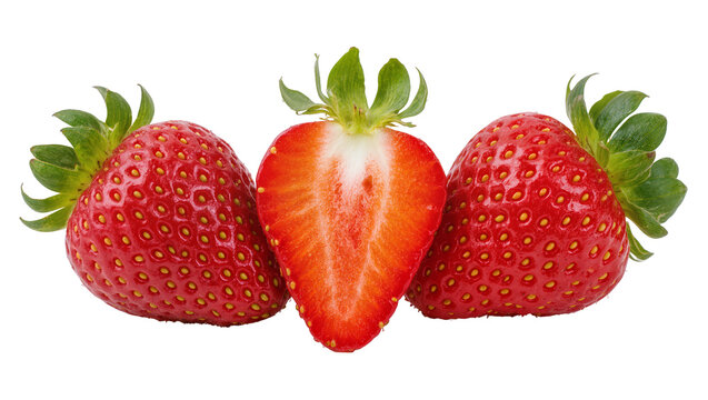 Whole and halved fresh strawberries with green leaves