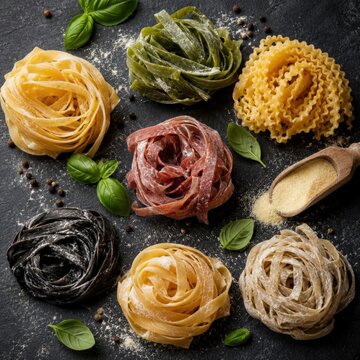 Vari&eacute;t&eacute;s de p&acirc;tes artisanales color&eacute;es en nids sur fond sombre