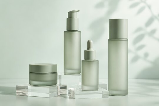 Packshot skincare minimaliste vert sauge avec flacons sans marque