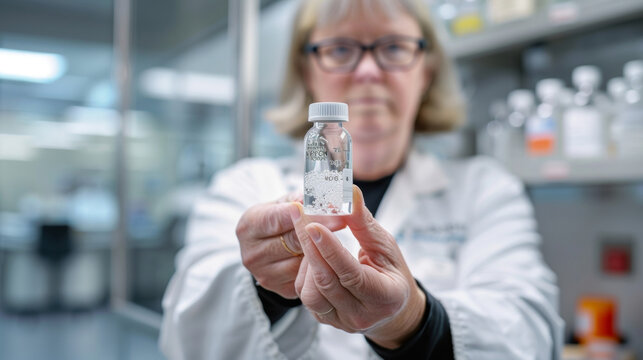 A macro shot of a researcher in a lab coat holding a vial of nanoparticles which are being used to create biosensors with enhanced sensitivity and selectivity for specific