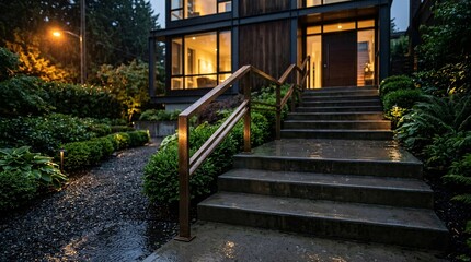 Fototapeta premium Wet concrete entrance stairs lead to a modern home during an evening rain shower, featuring a brushed bronze handrail and green shrubs.