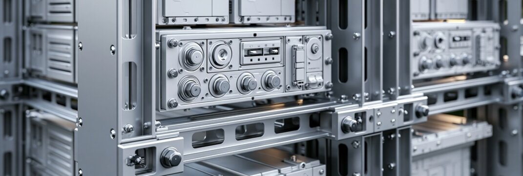 Medium shot of a stationary battery rack system showcasing robust electrical hardware and tightly secured support frames for stable energy storage installations.