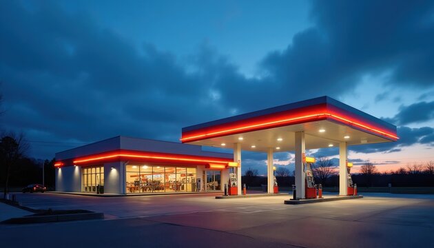 Modern gas station and store glow with red neon lights at twilight. Pumps stand ready under canopy. A car pulls up to the bright building in the evening.