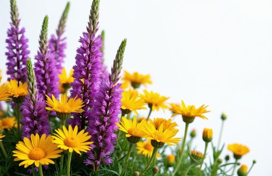 Purple liatris flowers and yellow daisies bloom together. Green stems and buds are visible against a white background. This image is perfect for seasonal promotions and nature themes.