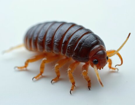 Macro view of giant isopod. Brown segmented creature with orange legs and antennae crawls on white surface. Small arthropod shows detailed exoskeleton and compound eyes.
