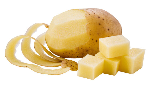 Partially peeled potato with cubes and peelings