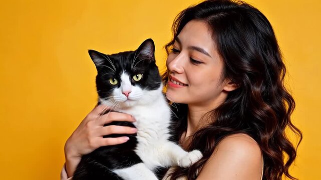 Woman holding black and white cat
