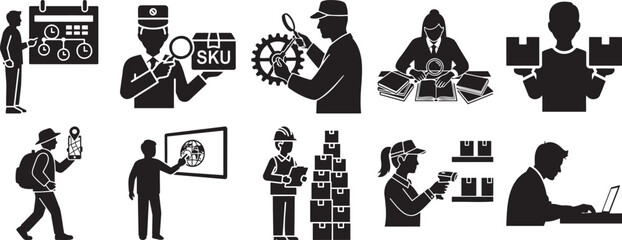 Obraz premium Vector Graphic Set Depicting Logistics, Supply Chain, Inventory Management, and Business Operations