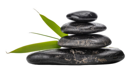 Stack of smooth black spa stones with green bamboo leaves © Gael