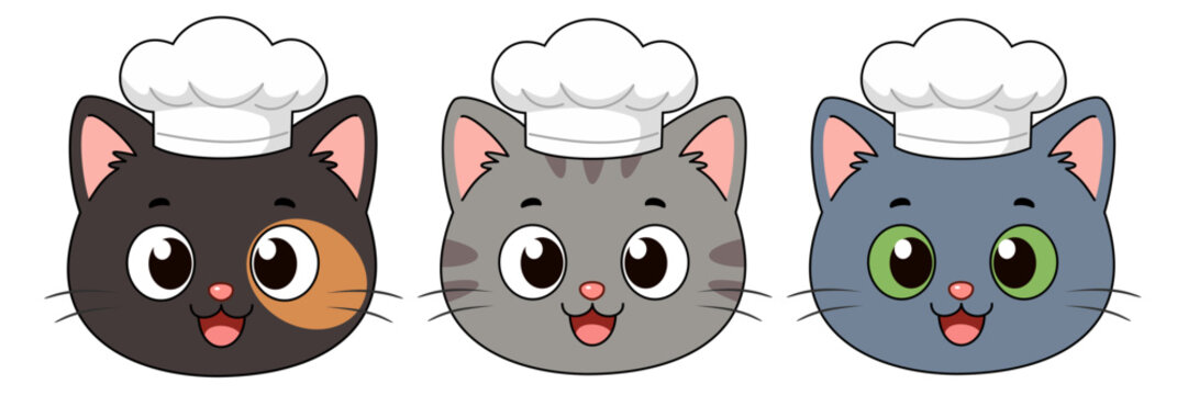 Set of cute cartoon chef cat faces with different fur colors wearing cooking hats. Adorable feline mascot collection for cafe branding, restaurant logos, food packaging, menu design, and stickers.