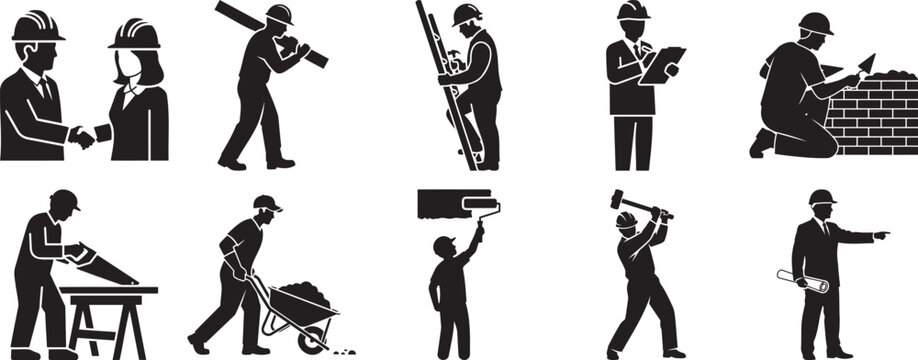 Collection of diverse construction and engineering worker silhouettes illustrating various building, renovation, and manual labo...