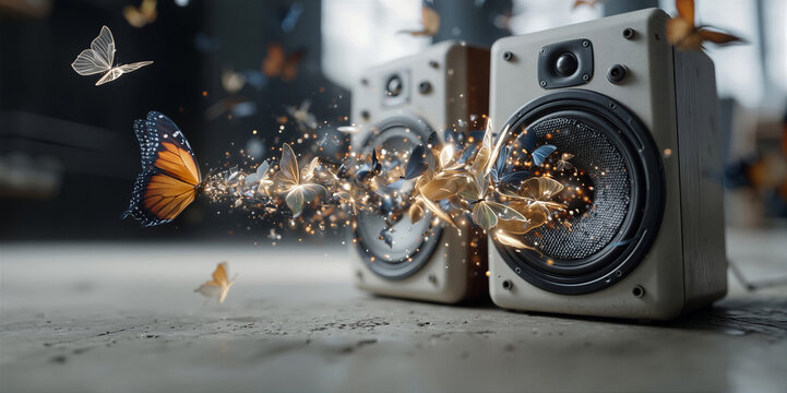 Intimate scene showcasing detailed speaker components amidst swirling magical butterfly dust