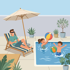 Fototapeta premium Joyful Summer Day Scene Father Relaxes Poolside Watching Happy Kids Play and Splash